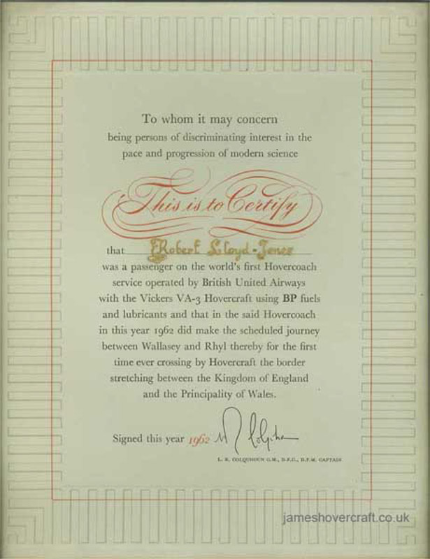 A trip on the VA-3 - Certificate of travel on the world's first hovercraft passenger service (submitted by Robert Lloyd-Jones).